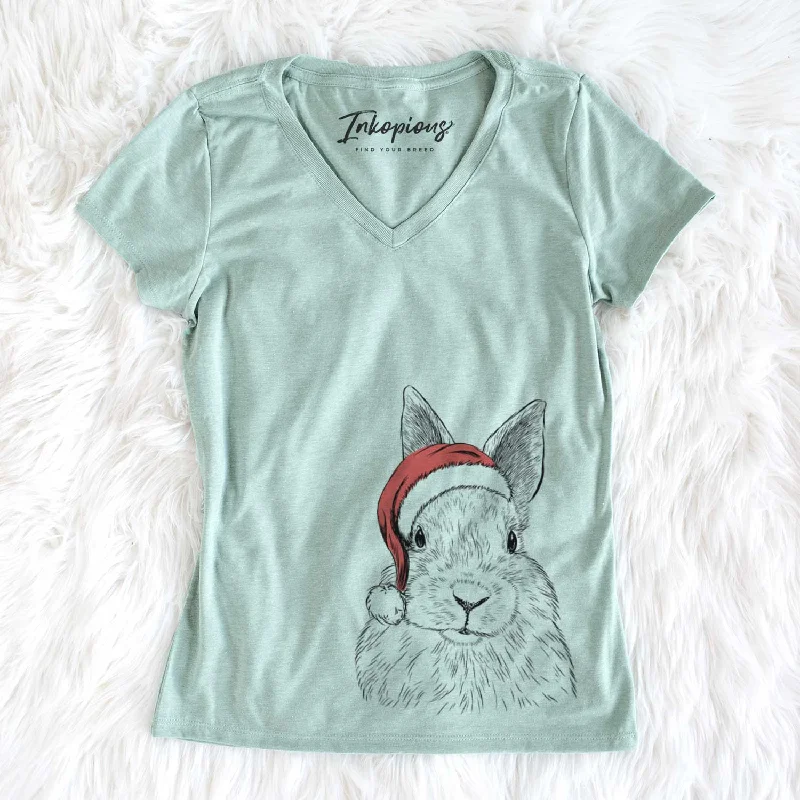 Santa Flower the Rex Rabbit - Women's V-neck Shirt-- Elegant Classic Vintage