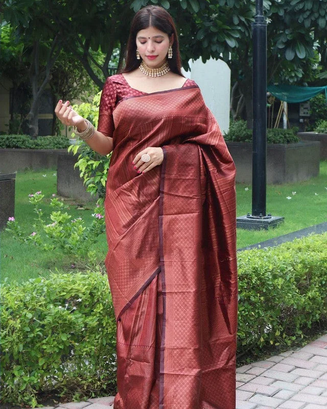 Women Banarasi Silk Woven Saree With Blouse Piece Satin Long Blouse