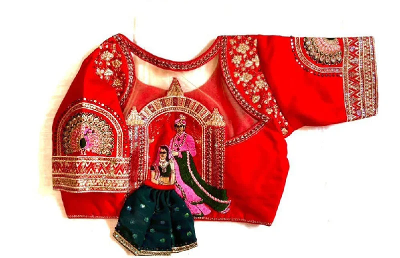 Women's Red Colour Shining silk Readymade Blouse Ruched Sleeve Blouse