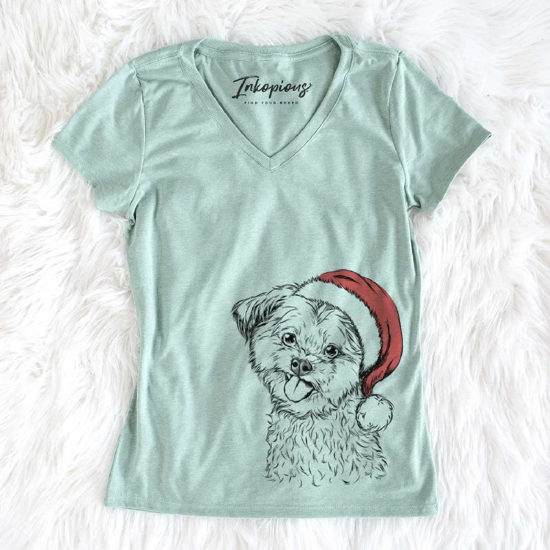 Santa Puff the Malshi - Women's V-neck Shirt-- Houndstooth Herringbone Solid