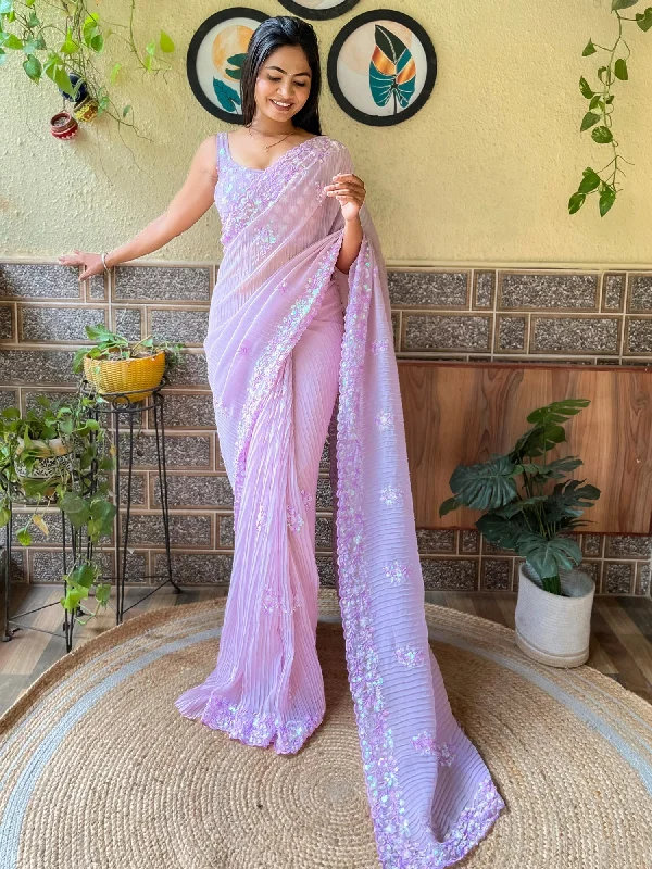 Women's Georgette Lavender Embellished Designer Saree With Blouse Piece Ruffled Neck Blouse
