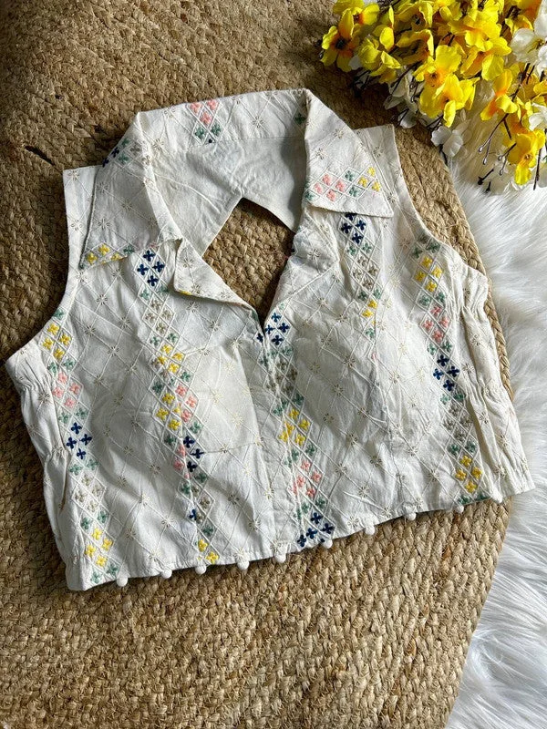 Women's White Colour Khadi Cotton Readymade Blouse Elegant Embroidery Blouse