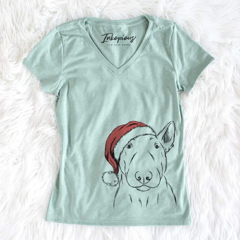 Santa Jett the Bull Terrier - Women's V-neck Shirt-- Collared T-Shirt Boat Neck A-Line Santa Jett the Bull Terrier - Women's V-neck Shirt-- Collared T-Shirt Boat Neck A-Line
