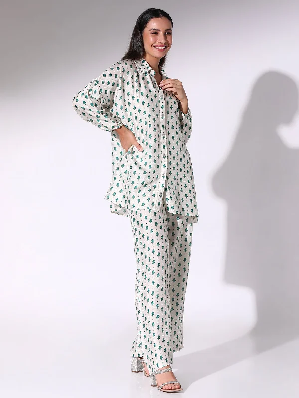 Pine Green Dotted Motif Shirt Style Tunic And Pants Co-ord Set-- Asymmetrical Pockets Print Pine Green Dotted Motif Shirt Style Tunic And Pants Co-ord Set-- Asymmetrical Pockets Print