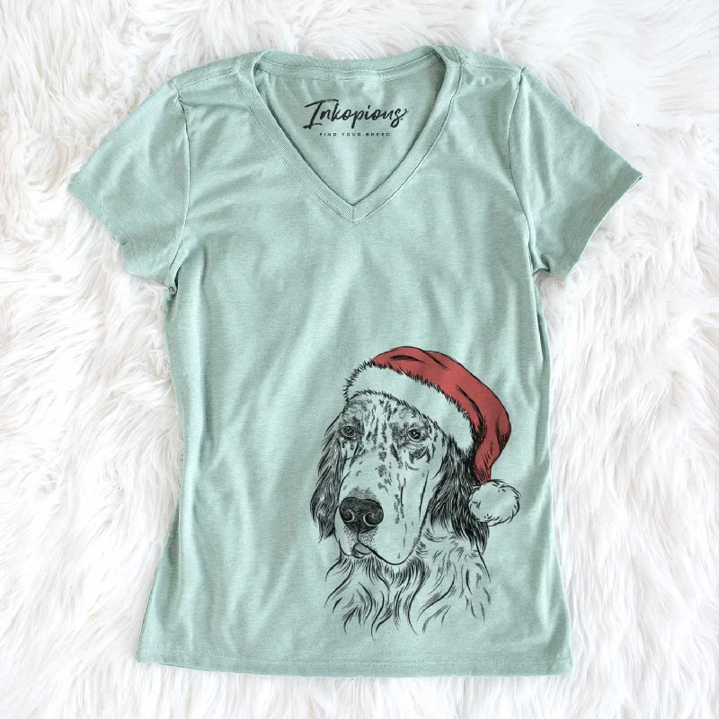 Santa Hutch the English Setter - Women's V-neck Shirt-- Iron Safe Non-Iron Wrinkle Free
