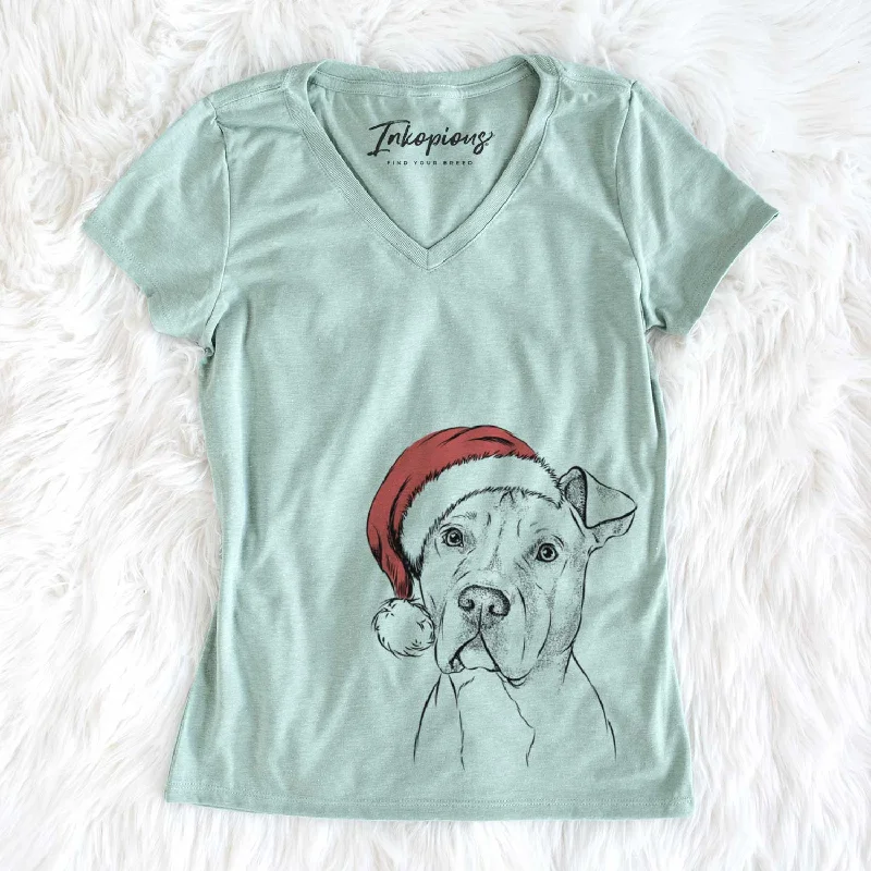 Santa Scraps the American Staffordshire Mix - Women's V-neck Shirt-- Beaded Sequined Faux Fur Santa Scraps the American Staffordshire Mix - Women's V-neck Shirt-- Beaded Sequined Faux Fur