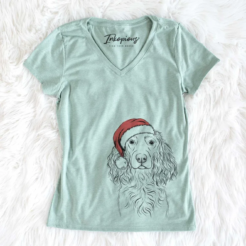 Santa Landry the Boykin Spaniel - Women's V-neck Shirt-- Front Pockets Side Pockets Patch Pockets Santa Landry the Boykin Spaniel - Women's V-neck Shirt-- Front Pockets Side Pockets Patch Pockets