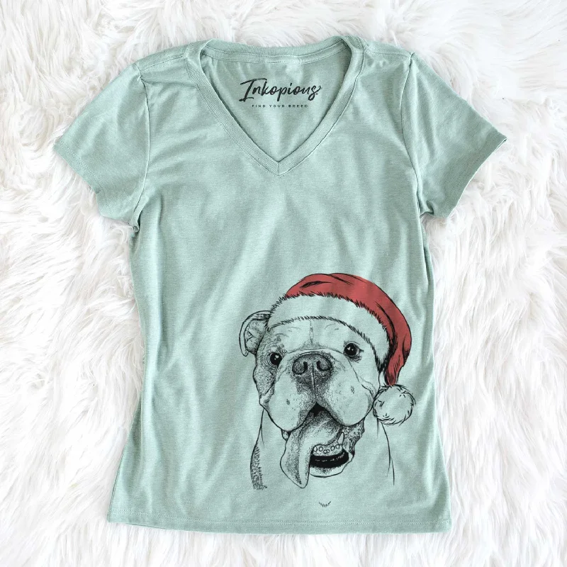 Santa Hank the English Bulldog - Women's V-neck Shirt-- Fleece Fabric Down Fabric Feather Fabric Santa Hank the English Bulldog - Women's V-neck Shirt-- Fleece Fabric Down Fabric Feather Fabric