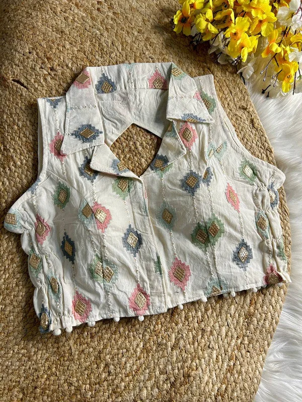 Women's White Colour Khadi Cotton Readymade Blouse Mandarin Collar Blouse