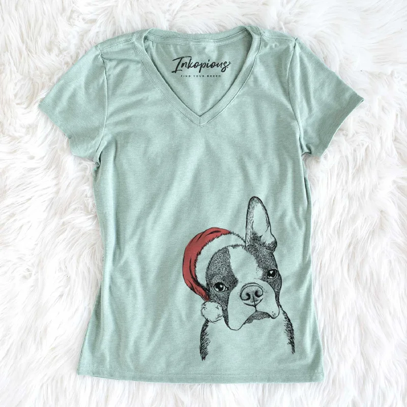 Santa Samuel the Boston Terrier - Women's V-neck Shirt-- Polka Dot Checkered Tartan