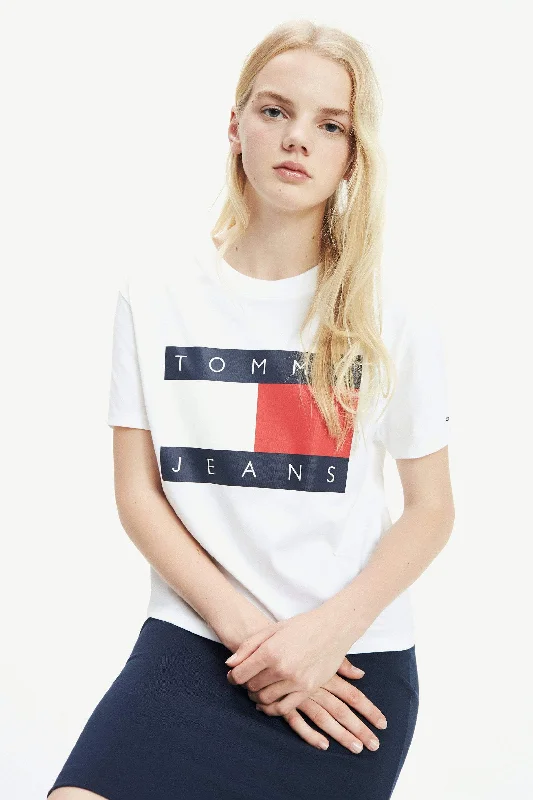 TOMMY JEANS FLAG CROPPED T-SHIRT - CLASSIC WHITE-- Sequined Glittery Shiny