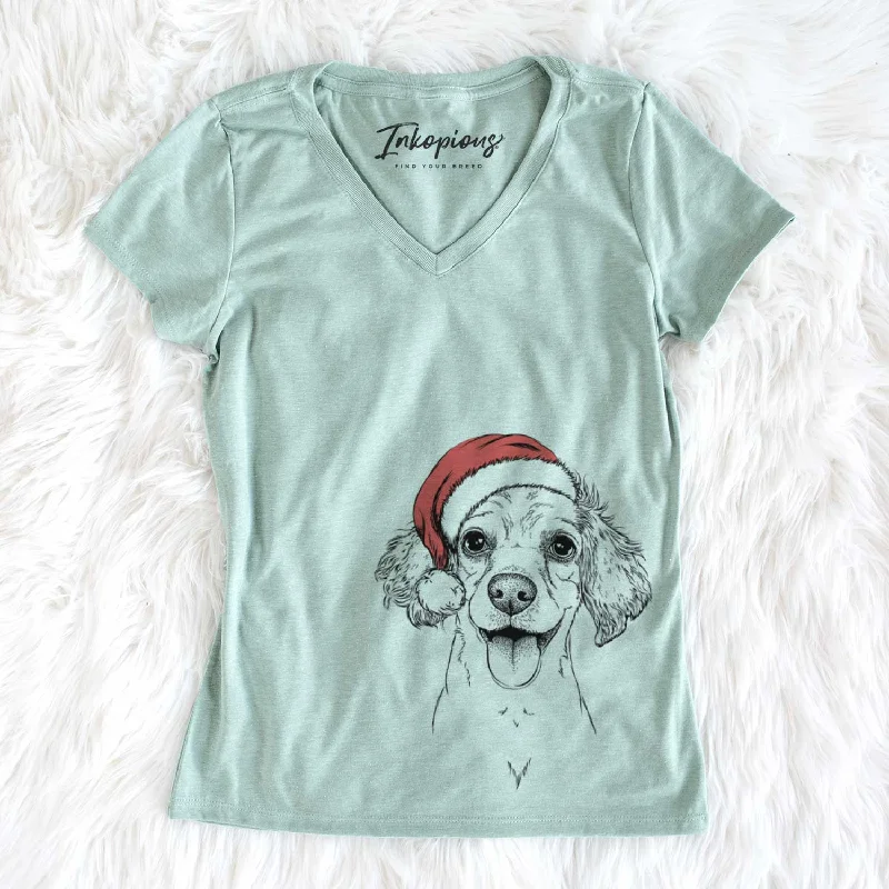 Santa Piglet the Dachshund Mix - Women's V-neck Shirt-- Spandex Blend Rayon Blend Denim Blend Santa Piglet the Dachshund Mix - Women's V-neck Shirt-- Spandex Blend Rayon Blend Denim Blend