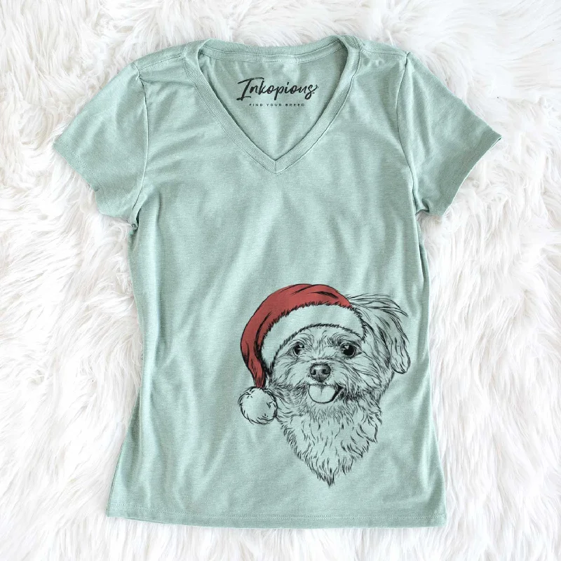 Santa Rosie the Maltipoo - Women's V-neck Shirt-- Striped Floral Plaid
