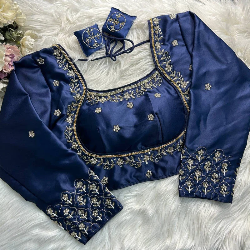 Women's Navy Blue Colour Soft Silk Readymade Blouse Chic Off-Shoulder Blouse