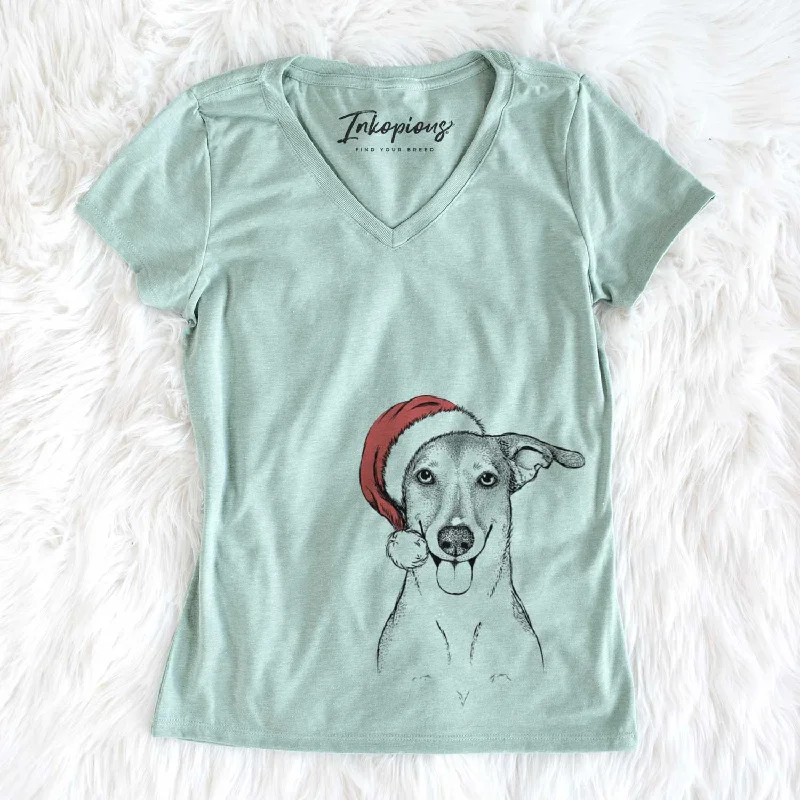 Santa Phoebe the Corgi Mix - Women's V-neck Shirt-- Front Pockets Side Pockets Patch Pockets Santa Phoebe the Corgi Mix - Women's V-neck Shirt-- Front Pockets Side Pockets Patch Pockets