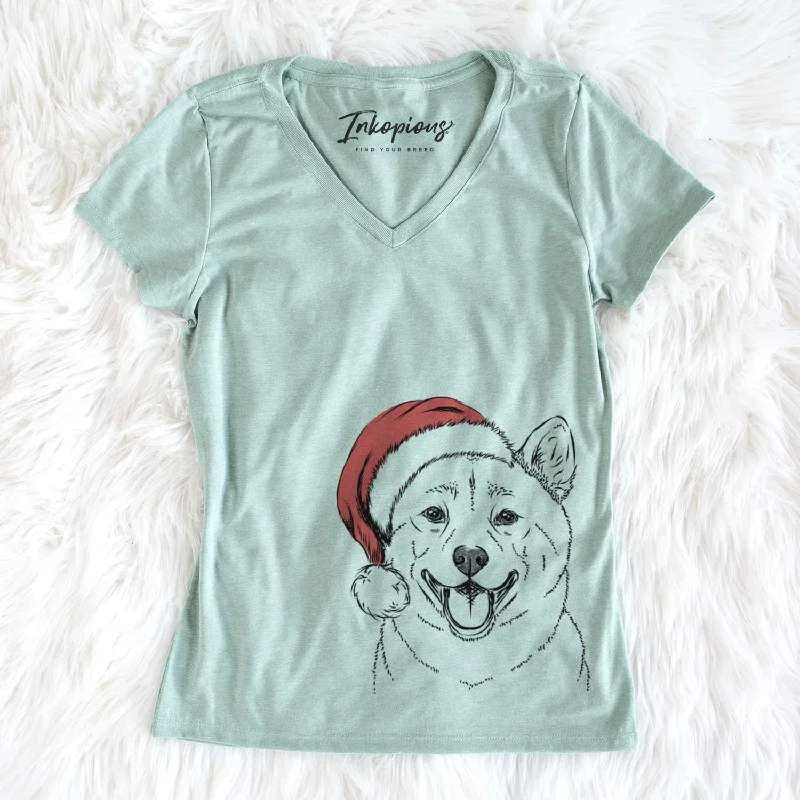Santa Hiro the Shiba Inu - Women's V-neck Shirt-- Lace Blend Ribbed Blend Corduroy Blend Santa Hiro the Shiba Inu - Women's V-neck Shirt-- Lace Blend Ribbed Blend Corduroy Blend