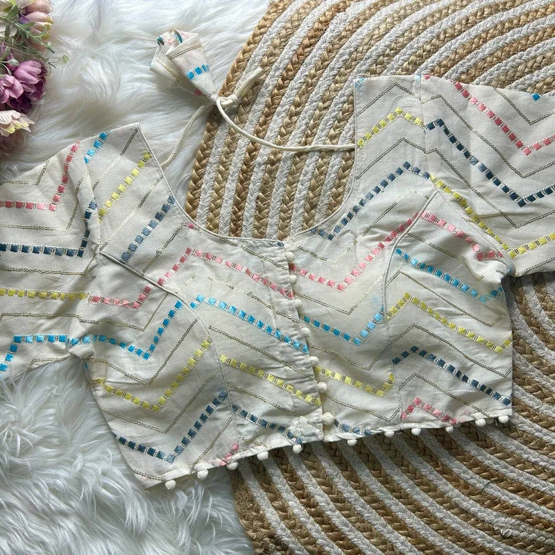 Women's White Colour Khadi Cotton Readymade Blouse Boho Printed Blouse