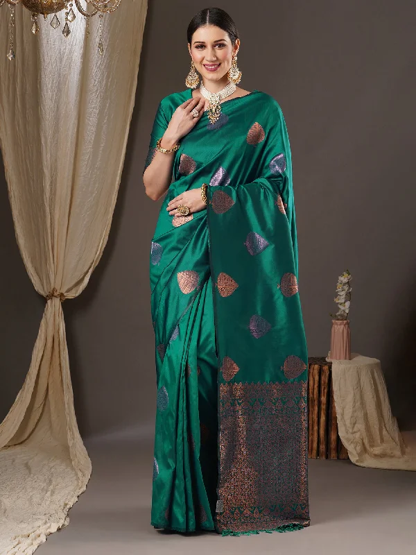 Women's Silk Blend Teal blue Woven Design Designer Saree With Blouse Piece Pleated Collar Blouse