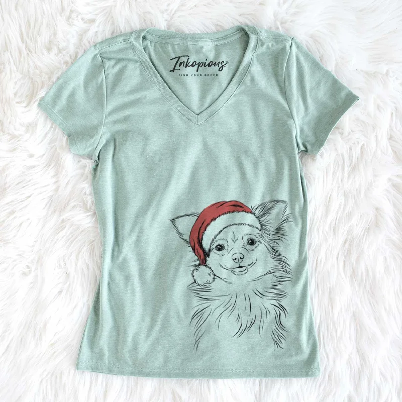 Santa Marzi the Long Haired Chihuahua - Women's V-neck Shirt-- Polka Dot Checkered Tartan Santa Marzi the Long Haired Chihuahua - Women's V-neck Shirt-- Polka Dot Checkered Tartan
