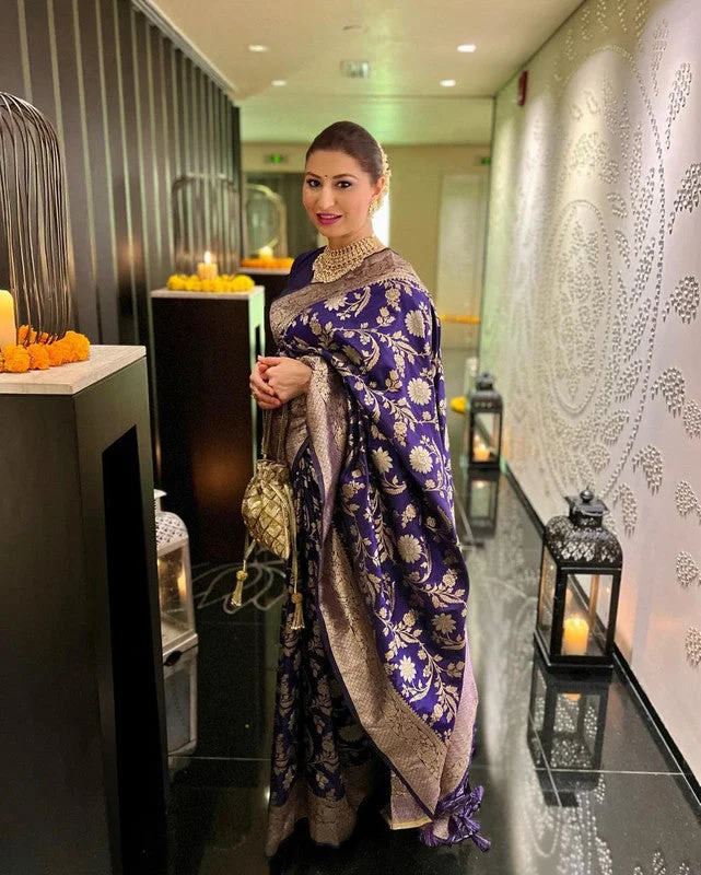 Women Banarasi Silk Woven Saree With Blouse Piece Satin Drape Blouse