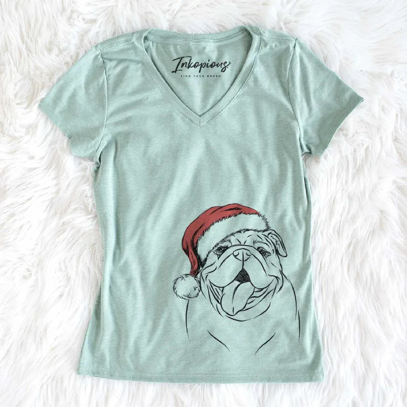 Santa Missy Moo the English Bulldog - Women's V-neck Shirt-- Boxy Fit Fitted Loose