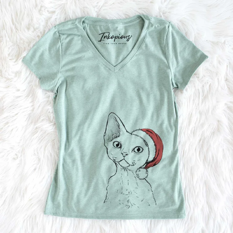 Santa Ripley the Devon Rex Cat - Women's V-neck Shirt-- V-Neck T-Shirt Long Sleeve Cotton Santa Ripley the Devon Rex Cat - Women's V-neck Shirt-- V-Neck T-Shirt Long Sleeve Cotton