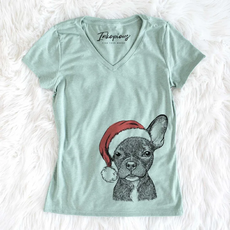 Santa Henry the French Bulldog - Women's V-neck Shirt-- Houndstooth Herringbone Solid Santa Henry the French Bulldog - Women's V-neck Shirt-- Houndstooth Herringbone Solid