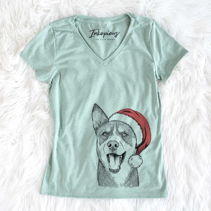 Santa Roux the Siberian Husky - Women's V-neck Shirt-- Chenille Blend Fleece Blend Nylon Blend Santa Roux the Siberian Husky - Women's V-neck Shirt-- Chenille Blend Fleece Blend Nylon Blend