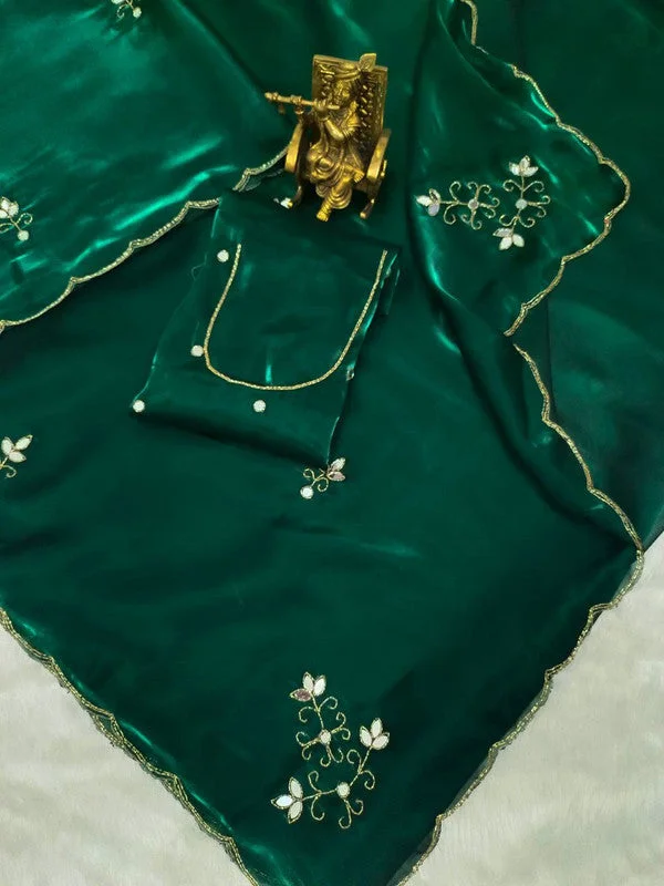 Women's Jimmy Chu Hand Work Hand Work Green Saree With Blouse Piece Airy Cotton Blouse