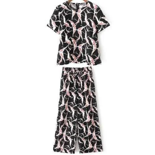 Trendy Round Collar Printed T-Shirt and Pants Twinset For Women - Black Xl-- Ribbed T-Shirt High Neck Heavyweight Trendy Round Collar Printed T-Shirt and Pants Twinset For Women - Black Xl-- Ribbed T-Shirt High Neck Heavyweight