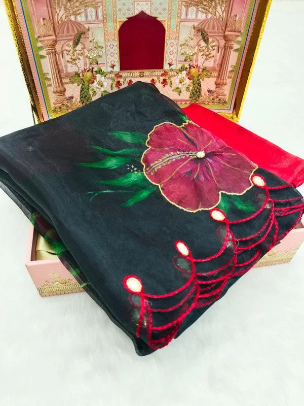 Women's Organza Digital print Aari Work Black Saree With Blouse Piece Sleeveless Chiffon Blouse