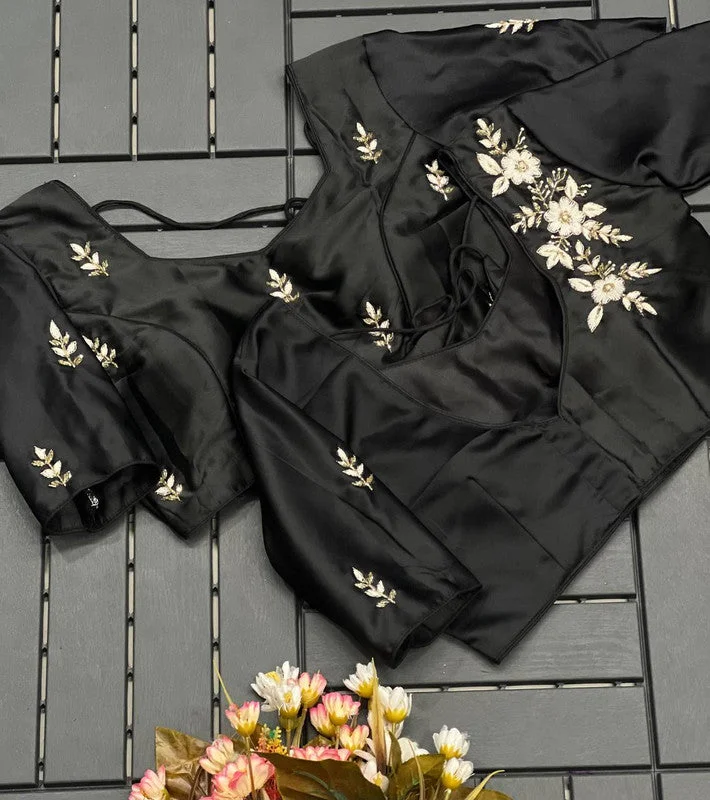 Women's Black Colour Pure Silk Readymade Blouse Sheer Sleeve Blouse