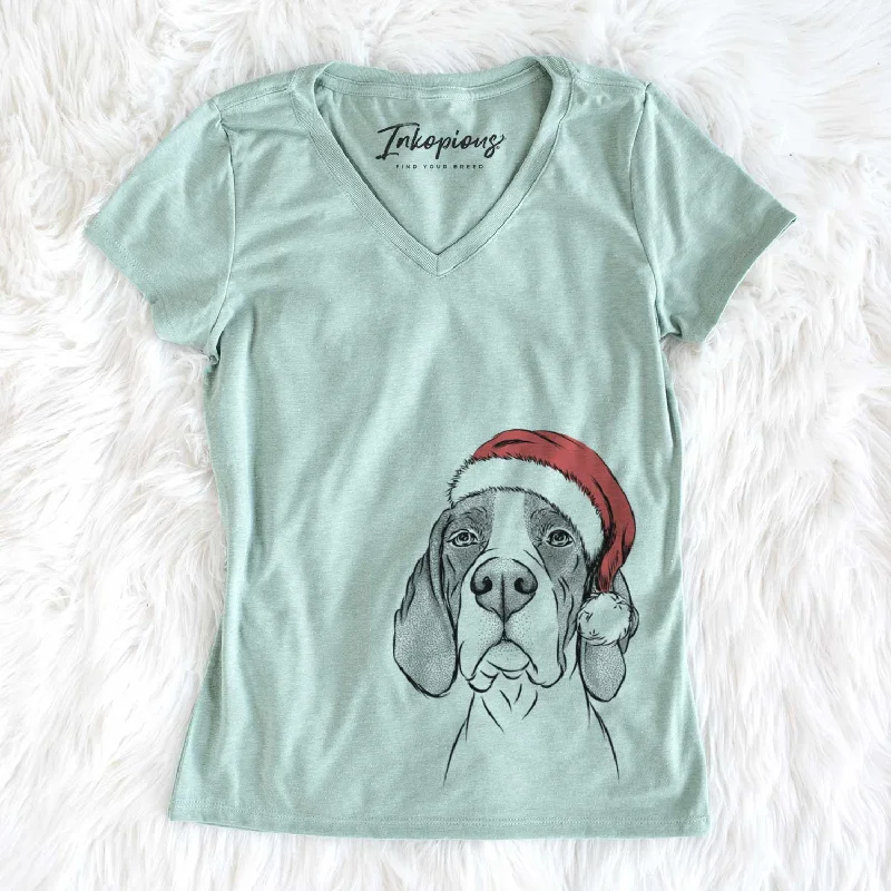 Santa Liam the English Pointer - Women's V-neck Shirt-- Silk Blend Satin Velvet