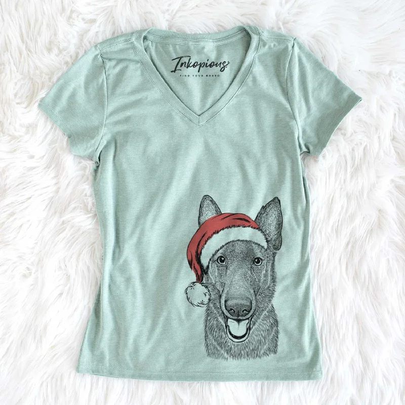 Santa Nyx the German Shepherd - Women's V-neck Shirt-- Fleece Fabric Down Fabric Feather Fabric Santa Nyx the German Shepherd - Women's V-neck Shirt-- Fleece Fabric Down Fabric Feather Fabric
