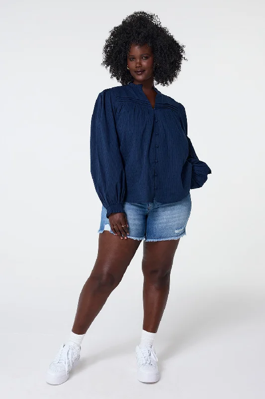 Navy Dobby Frill Neck Blouse Delicate Pleat Blouse
