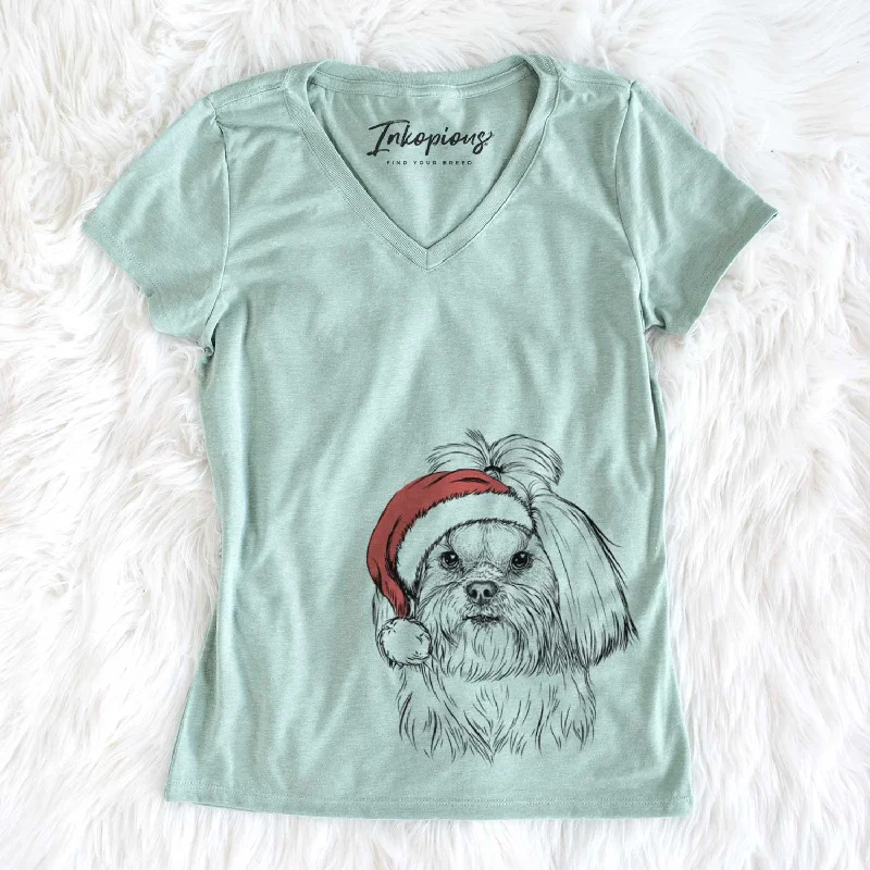 Santa Olga the Shih Tzu - Women's V-neck Shirt-- Denim Fabric Leather Fabric Suede Fabric Santa Olga the Shih Tzu - Women's V-neck Shirt-- Denim Fabric Leather Fabric Suede Fabric