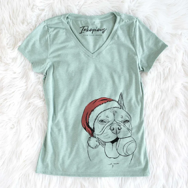 Santa Happy Franco the French Bulldog - Women's V-neck Shirt-- Faux Fur Fabric Real Fur Fabric Shearling Fabric Santa Happy Franco the French Bulldog - Women's V-neck Shirt-- Faux Fur Fabric Real Fur Fabric Shearling Fabric