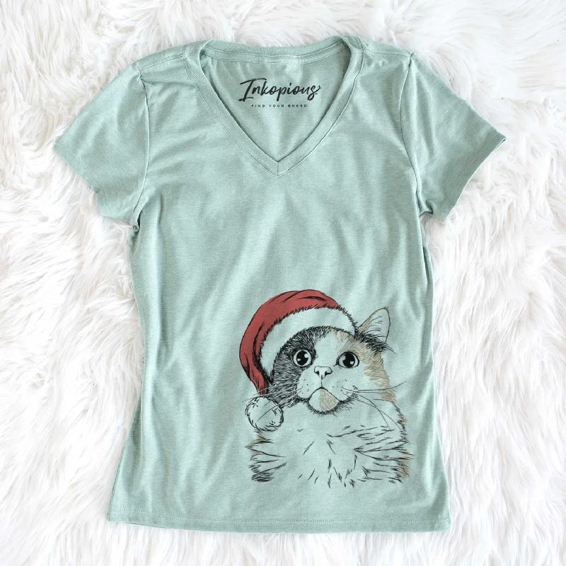 Santa Greta the Calico Cat - Women's V-neck Shirt-- Chenille Blend Fleece Blend Nylon Blend