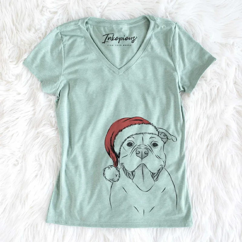 Santa Nacho the American Bully - Women's V-neck Shirt-- Polka Dot Checkered Tartan