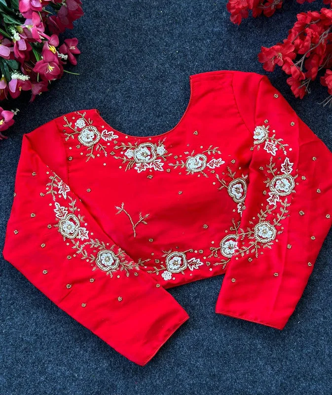Women's Red Colour Silk Readymade Blouse Backless Summer Blouse