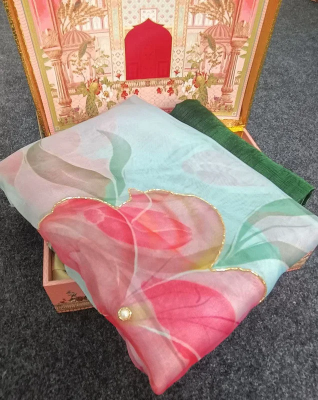 Women's Organza Digital print Hand Work Pista Saree With Blouse Piece Casual Relaxed Fit Blouse