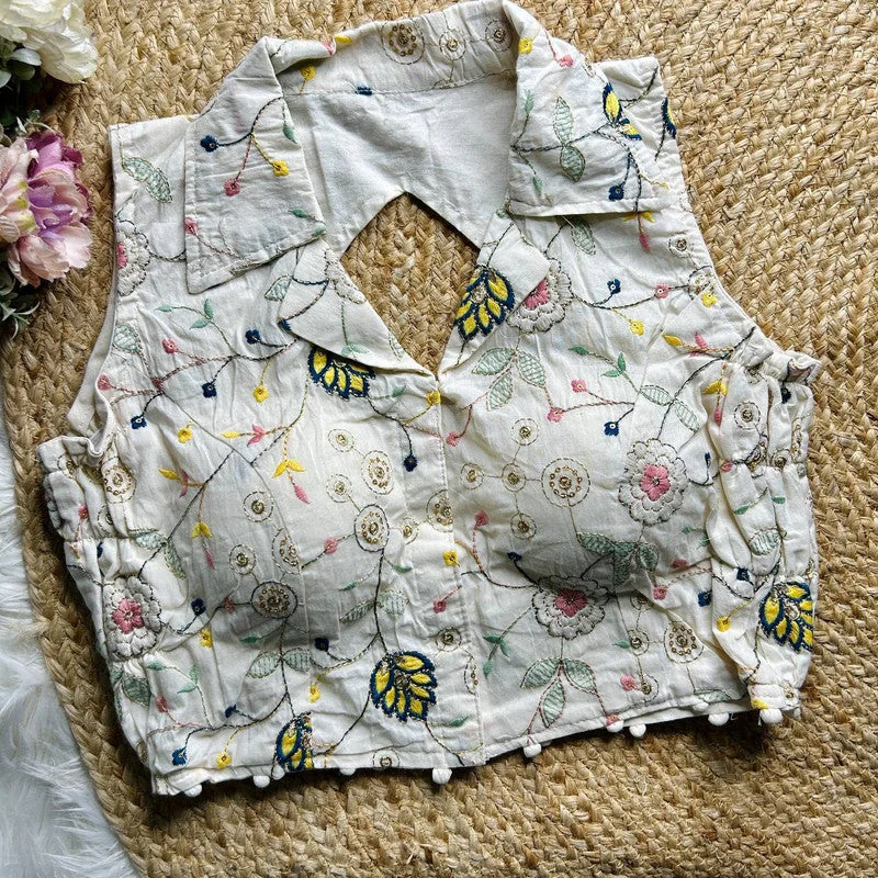 Women's White Colour Khadi Cotton Readymade Blouse Chic Ruffle Blouse