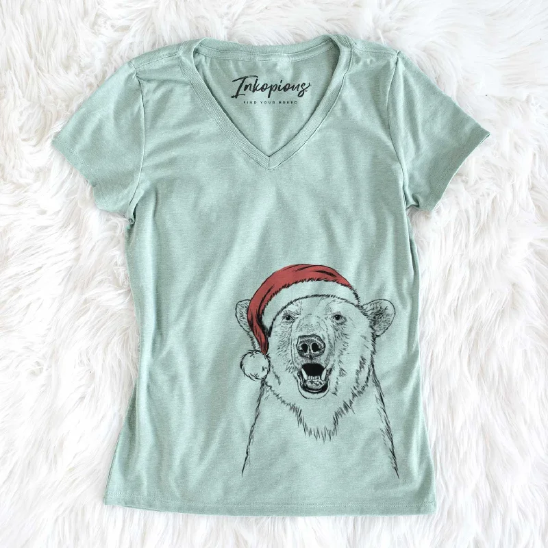 Santa Oslo the Polar Bear - Women's V-neck Shirt-- Striped Floral Plaid