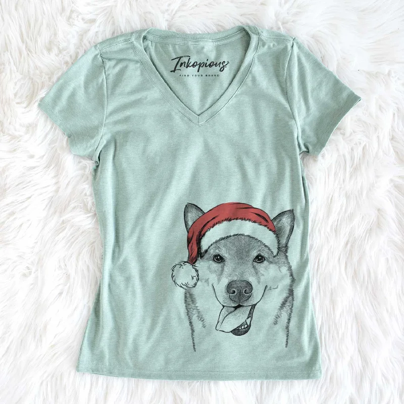 Santa Mothra the Shiba Inu - Women's V-neck Shirt-- Graphic T-Shirt Round Neck Polyester Santa Mothra the Shiba Inu - Women's V-neck Shirt-- Graphic T-Shirt Round Neck Polyester