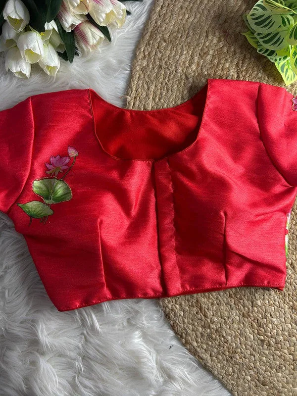 Women's Red Colour Silk Readymade Blouse Satin Drape Blouse