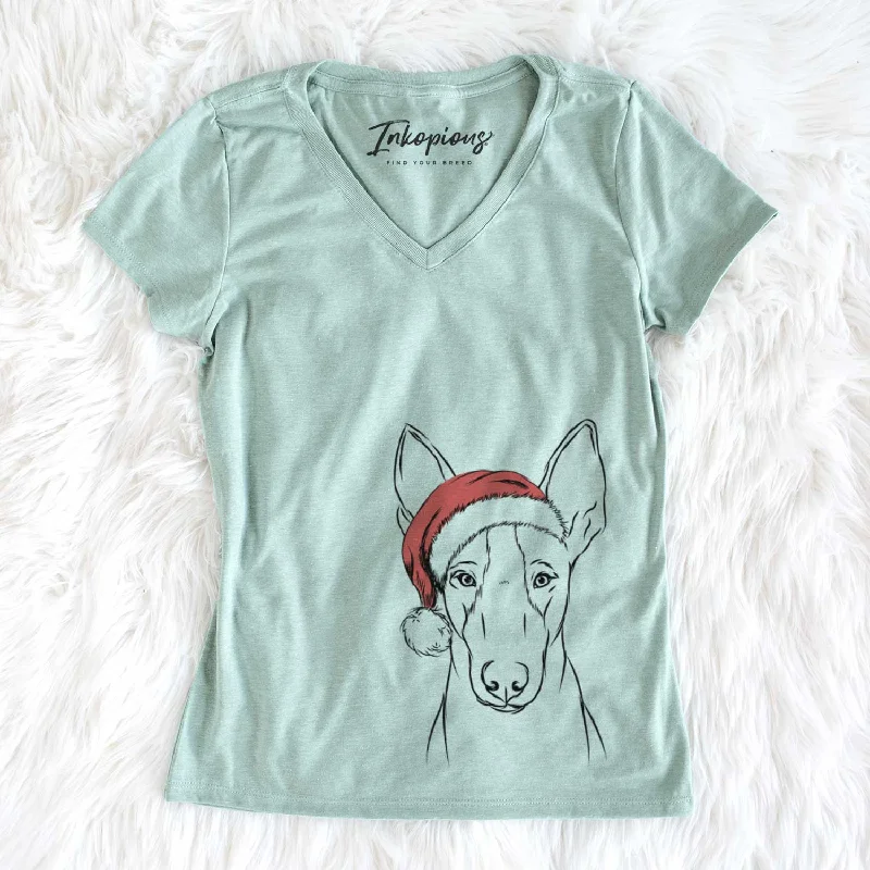 Santa Indy the Ibizan Hound - Women's V-neck Shirt-- Mesh Canvas Denim