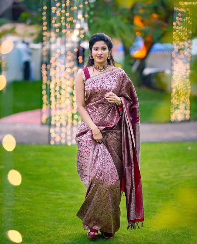 Women Banarasi Silk Woven Saree With Blouse Piece Feminine Ruffle Blouse