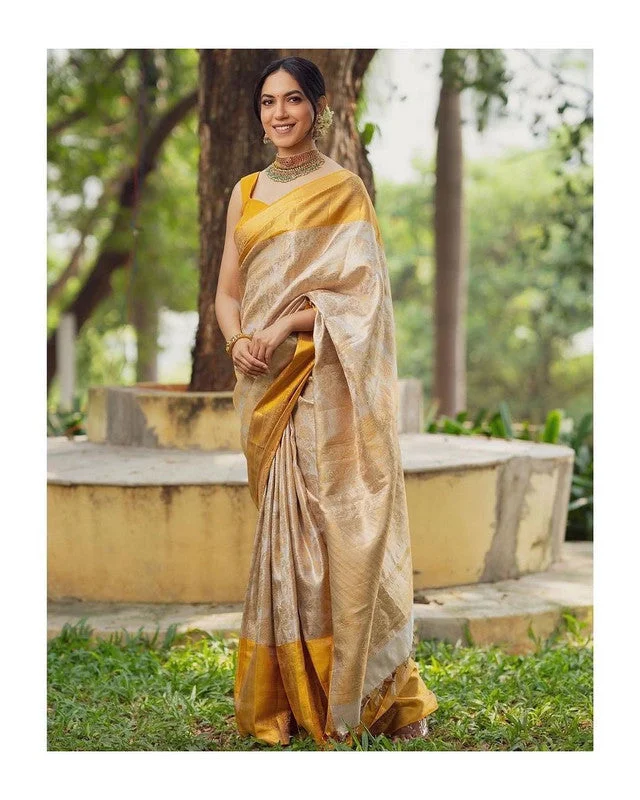 Women Banarasi Silk Woven Saree With Blouse Piece Satin Drape Blouse