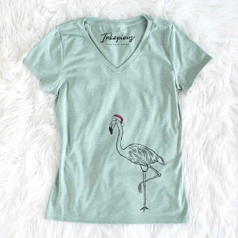 Santa Mango the Flamingo - Women's V-neck Shirt-- Cotton Fabric Linen Fabric Terry Fabric Santa Mango the Flamingo - Women's V-neck Shirt-- Cotton Fabric Linen Fabric Terry Fabric