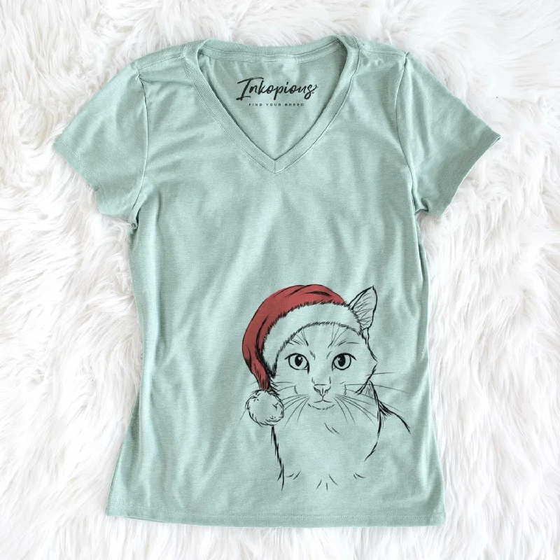 Santa Maverick the Cat - Women's V-neck Shirt-- Silk Blend Satin Velvet
